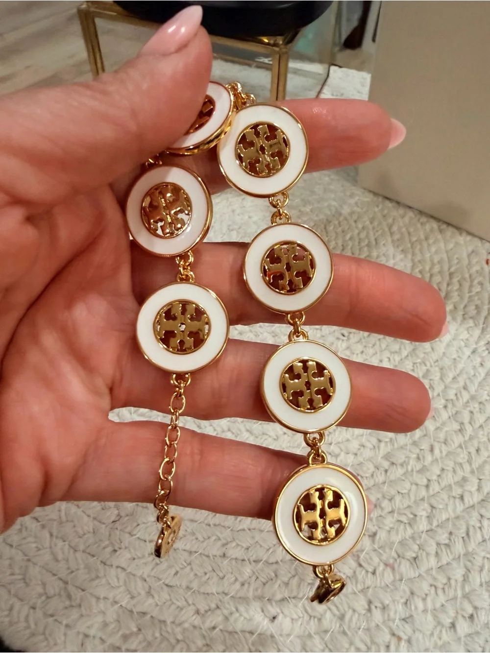 Tory Burch White Enamel Gold Hollow Round Bracelet | New with dust bag